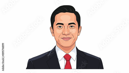 Illustrated portrait of a businessman in a dark suit and red tie.