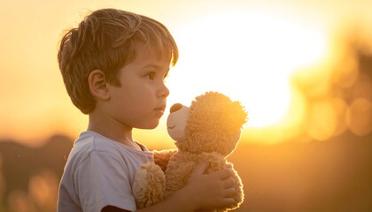 Little boy holding teddy bear outside.