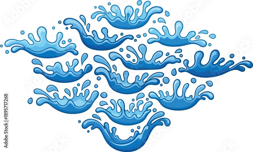 Dynamic illustration of blue water splashes flowing across the screen from multiple angles with a sense of movement and energy
