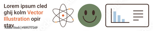 Education, data analysis, science communication, emotions, business reporting, happiness. Atom symbol, happy face and a bar graph with text. Science and data analysis conceptual