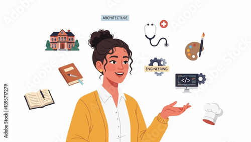 Illustrated female traveler planning a journey with travel items and accessories.