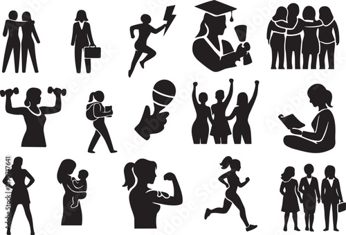 Women empowerment and life roles silhouette icon set