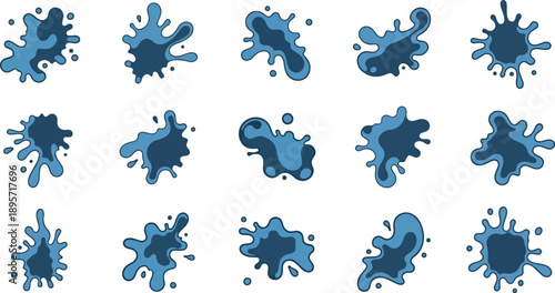 Collection of blue splatters and paint stains arranged in a grid pattern on a clean surface viewed from directly above