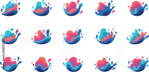 Abstract colorful paint splashes arranged in a grid pattern on a plain surface viewed from directly above