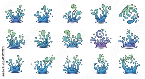 Collection of illustrations depicting water splashing from various blue and green pots in different styles and designs