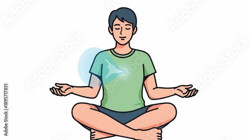 Animated illustration of a person meditating in a seated lotus pose for calm mindfulness and wellbeing.