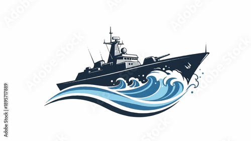 Illustration of a rugged motorboat speeding across blue ocean waves.