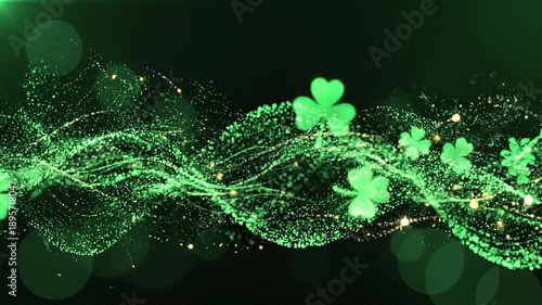 Abstract emerald green particles background with clover shapes and light streaks