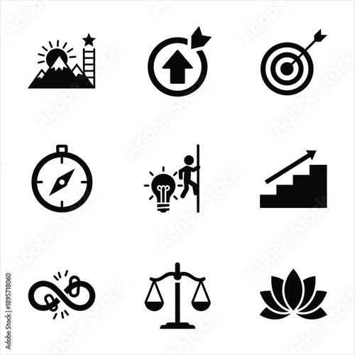 Success and motivation icons for business growth featuring target and lightbulb