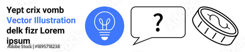 Creativity, problem-solving, communication, knowledge sharing, financial concepts, innovation. Blue light bulb, speech bubble with question mark coin drawing. Creativity and problem-solving visual