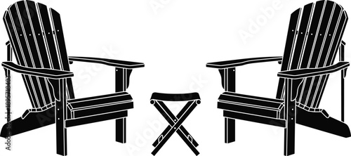 Adirondack chairs silhouette with small folding table isolated on white background, outdoor patio seating furniture icon set