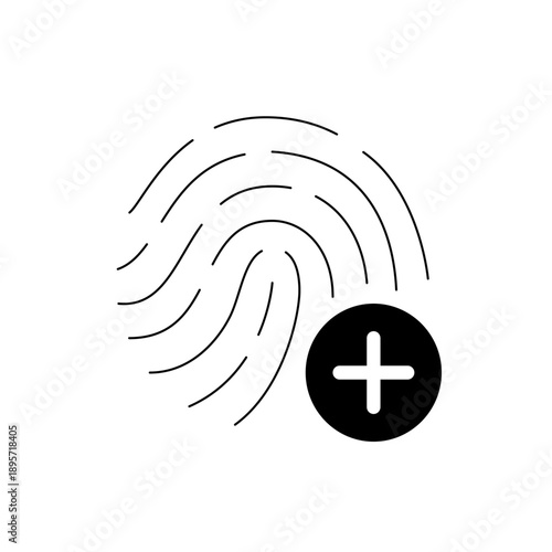 A minimalist vector graphic of a fingerprint with a plus sign for identity verification