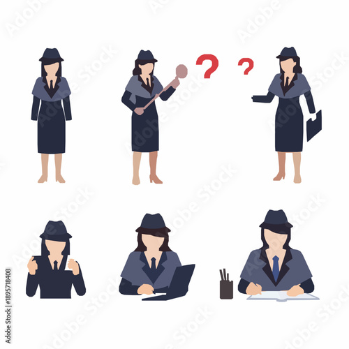 Minimal female detective vector icon set investigation illustration