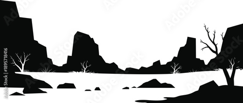 Desert canyon landscape silhouette with rocky mountains and dry trees isolated on white background for nature scenery illustration design artwork