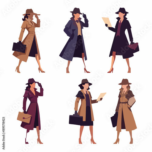 Female detective noir style vector illustration character collection