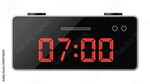 Digital alarm clock with seven-segment red display showing seven o'clock time and bedside functionality.