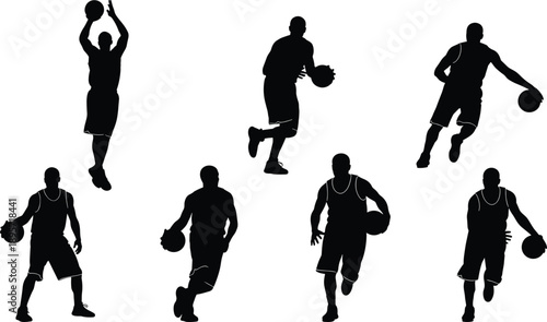 Black and white basketball player silhouette icon set showing dribbling, shooting, running, and jumping athletes in dynamic sports poses