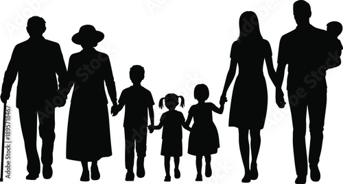 Family generation silhouette showing grandparents parents and children walking together isolated on white background for lifestyle concept illustration design artwork