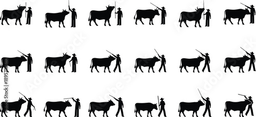 Black and white bullfighting silhouette icon set showing matador and bull interaction poses in traditional corrida cultural scenes