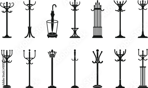 Black and white coat rack icon set featuring vintage hat stands, umbrella holders, and classic hallway furniture silhouettes