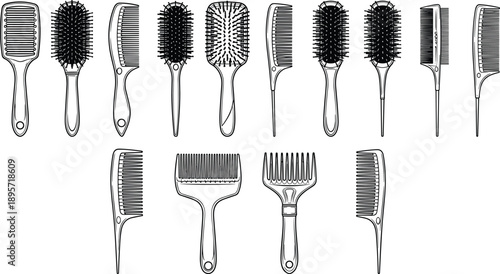 Black and white hair brush and comb collection featuring salon, barber, and styling tools illustrated in detailed vector line art