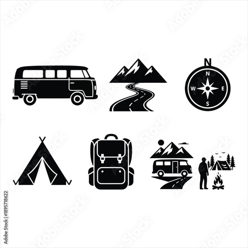 Outdoor adventure and travel icons featuring camping tent, mountain, and camper van