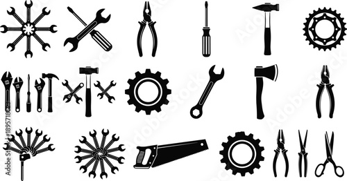 Black and white hand tools icon set featuring wrenches, pliers, hammers, screwdrivers, gears, and workshop equipment silhouettes
