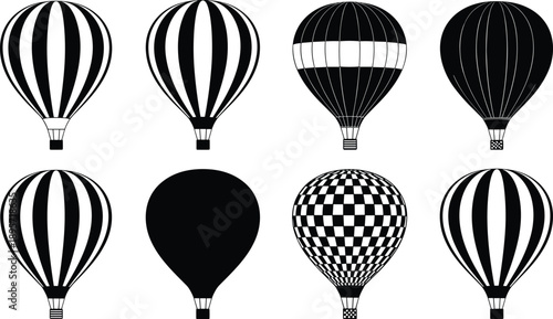 Black and white hot air balloon icon set featuring striped, solid, and checkered designs for vector illustration collections