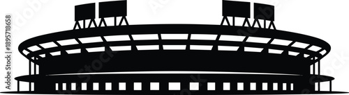 Modern sports stadium silhouette with floodlights isolated on white background for football soccer baseball arena architecture illustration and event branding design