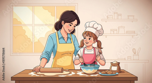 Mother and Daughter Baking Together in Kitchen, Cartoon Illustration