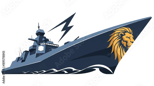 Illustration of a modern naval warship cutting through rough waves with a lion emblem on its prow.