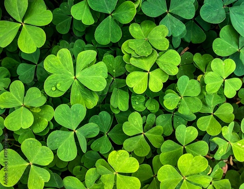 Lush overhead shot of verdant clover patch, vibrant greens with rounded, heart-shaped leaves