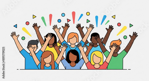 Diverse Group of People Celebrating with Raised Hands and Confetti