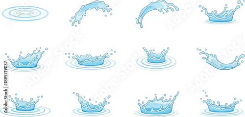 Collection of blue water splash illustrations in various dynamic poses on a clean background from different viewpoints