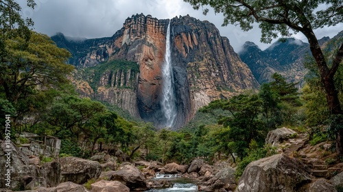 Epic cinematic view of Angel Falls plunging through mist from a towering cliff into lush rainforest under dramatic tropical clouds.