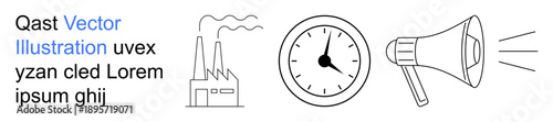 Industrial innovation, time management, media, workplace communication, business promotion, productivity. Factory, clock megaphone icon with text. Industrial innovation and time management focus