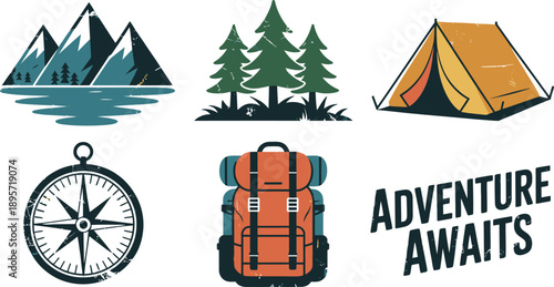 Camping adventure icons, vintage outdoor travel elements, nature exploration graphics with mountains trees tent compass backpack
