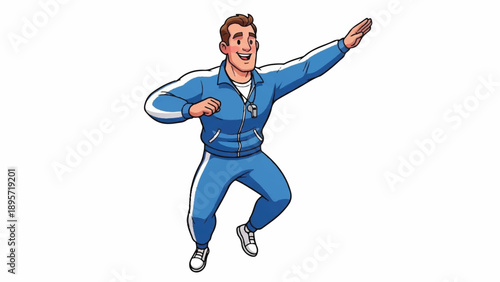 Energetic cartoon man in a blue tracksuit performing a dynamic dance move with joyful expression.
