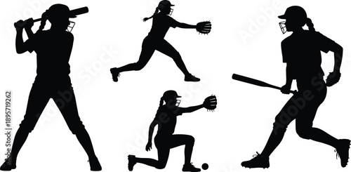 Softball player silhouette set showing batting throwing and fielding actions isolated on white background for sports training illustration design artwork