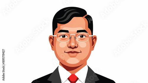 Illustrated portrait of a man in a suit and glasses, presenting a formal business appearance in a clean, modern style.