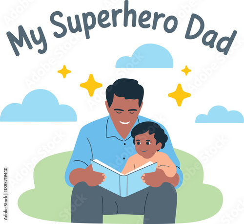 Dad and son reading book, Fathers Day, superhero dad concept, family bonding flat illustration