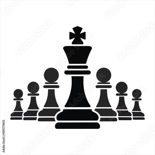 Powerful chess king leading pawn pieces for corporate leadership and team strategy
