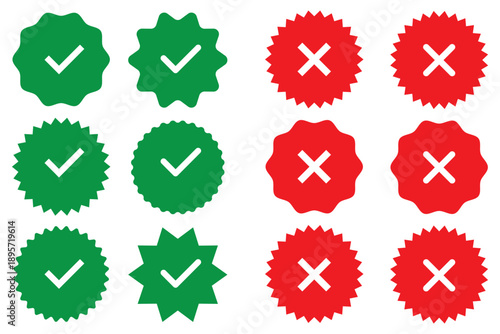 Green check mark and red cross mark icon set. Green tick and red x. Symbols of approval and Decline. Check box right and wrong buttons and yes or no checkmark icons in green tick box and red cross