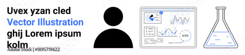 Data analysis, laboratory science, user interface design, analytics, research tools, technology concepts. Visual includes a person icon, data charts and a laboratory flask. Data analysis