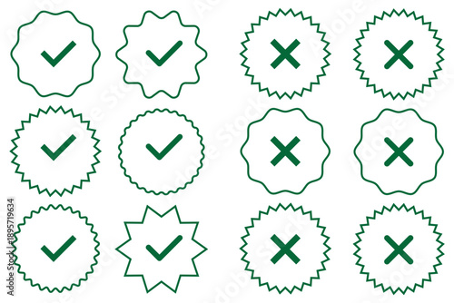 Green check mark and red cross mark icon set. Green tick and red x. Symbols of approval and Decline. Check box right and wrong buttons and yes or no checkmark icons in green tick box and red cross
