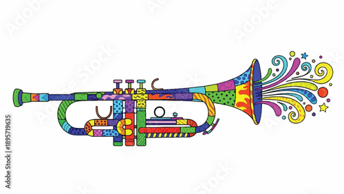 Colorful illustrated trumpet with swirling decorative patterns and festive musical flair.