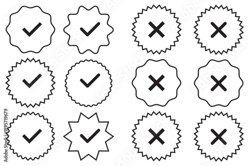 Green check mark and red cross mark icon set. Green tick and red x. Symbols of approval and Decline. Check box right and wrong buttons and yes or no checkmark icons in green tick box and red cross