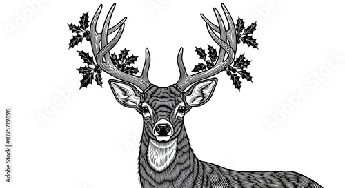 A majestic Christmas deer illustration adorned with festive holly leaves.