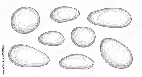 Smooth, gray pebbles with sketched lines on a white background