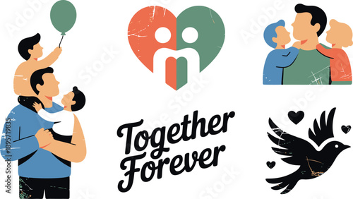 Family love parents children together forever flat vector icon collection relationship